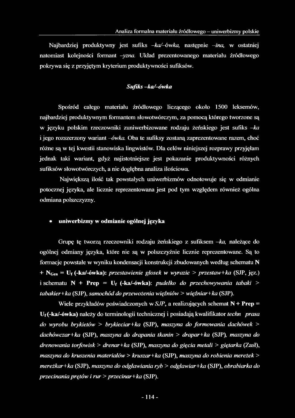 Sufiks ka/-ówka Spośród całego materiału źródłowego liczącego około 1500 leksemów, najbardziej produktywnym formantem słowotwórczym, za pomocą którego tworzone są w języku polskim rzeczowniki