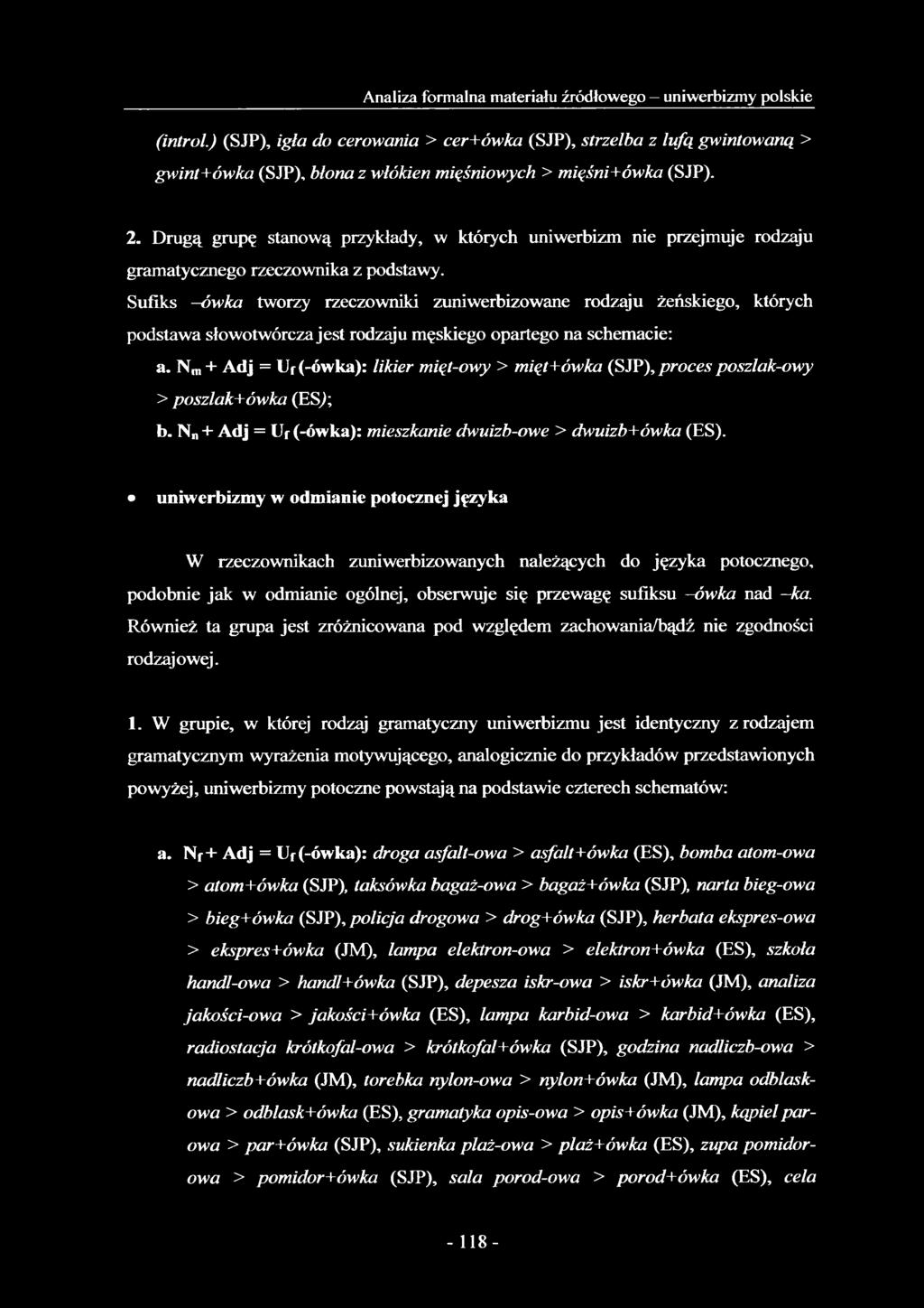 Drugą grupę stanową przykłady, w których uniwerbizm nie przejmuje rodzaju gramatycznego rzeczownika z podstawy.