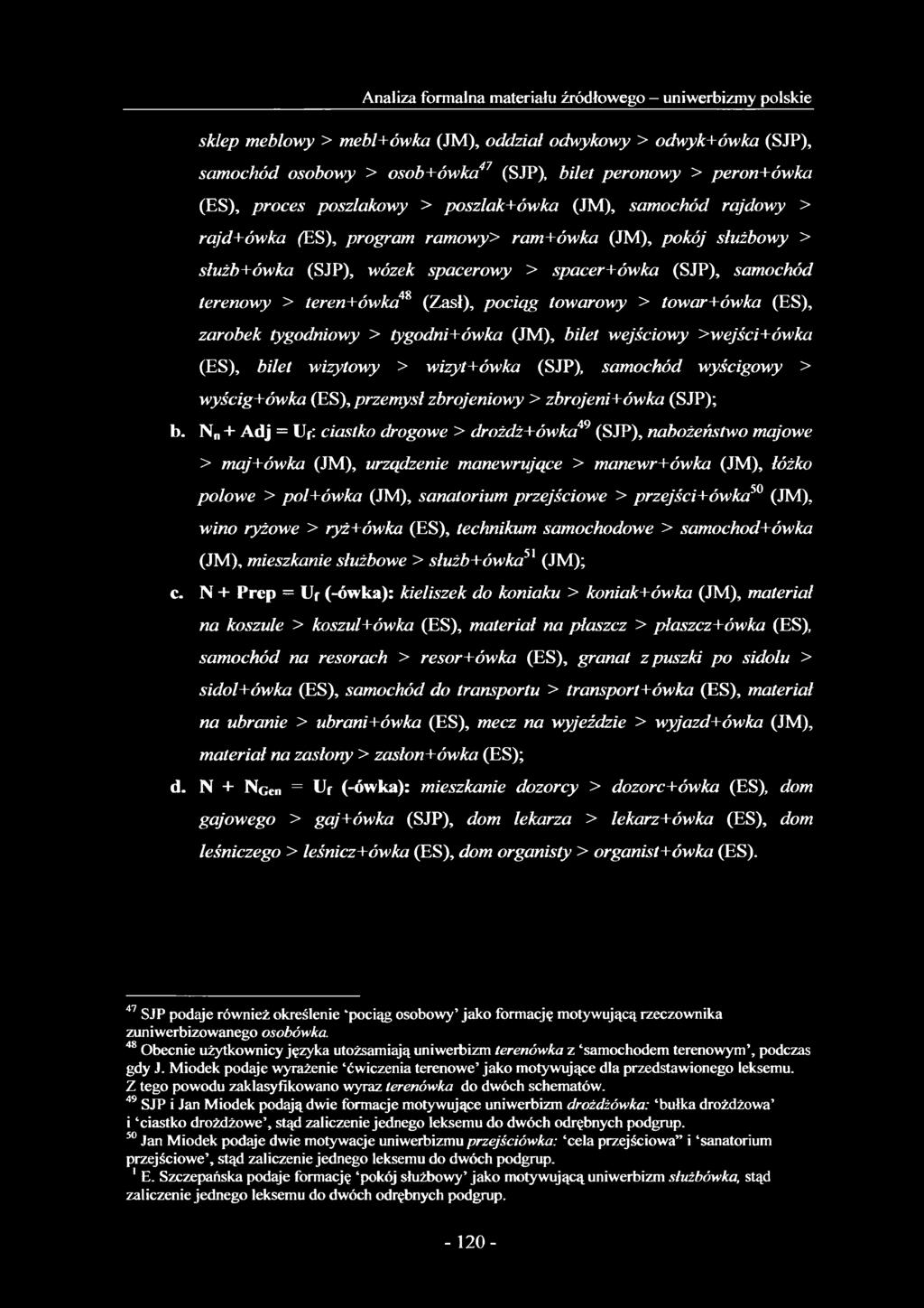 teren+ówka4s (Zasł), pociąg towarowy > towar+ówka (ES), zarobek tygodniowy > tygodni+ówka (JM), bilet wejściowy >wejści+ówka (ES), bilet wizytowy > wizyt+ówka (SJP), samochód wyścigowy > wyścig+ówka