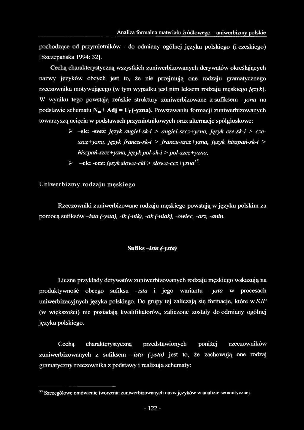 leksem rodzaju męskiego język). W wyniku tego powstają żeńskie struktury zuniwerbizowane z sufiksem yzna na podstawie schematu Nm+ Adj = Uf (-yzna).