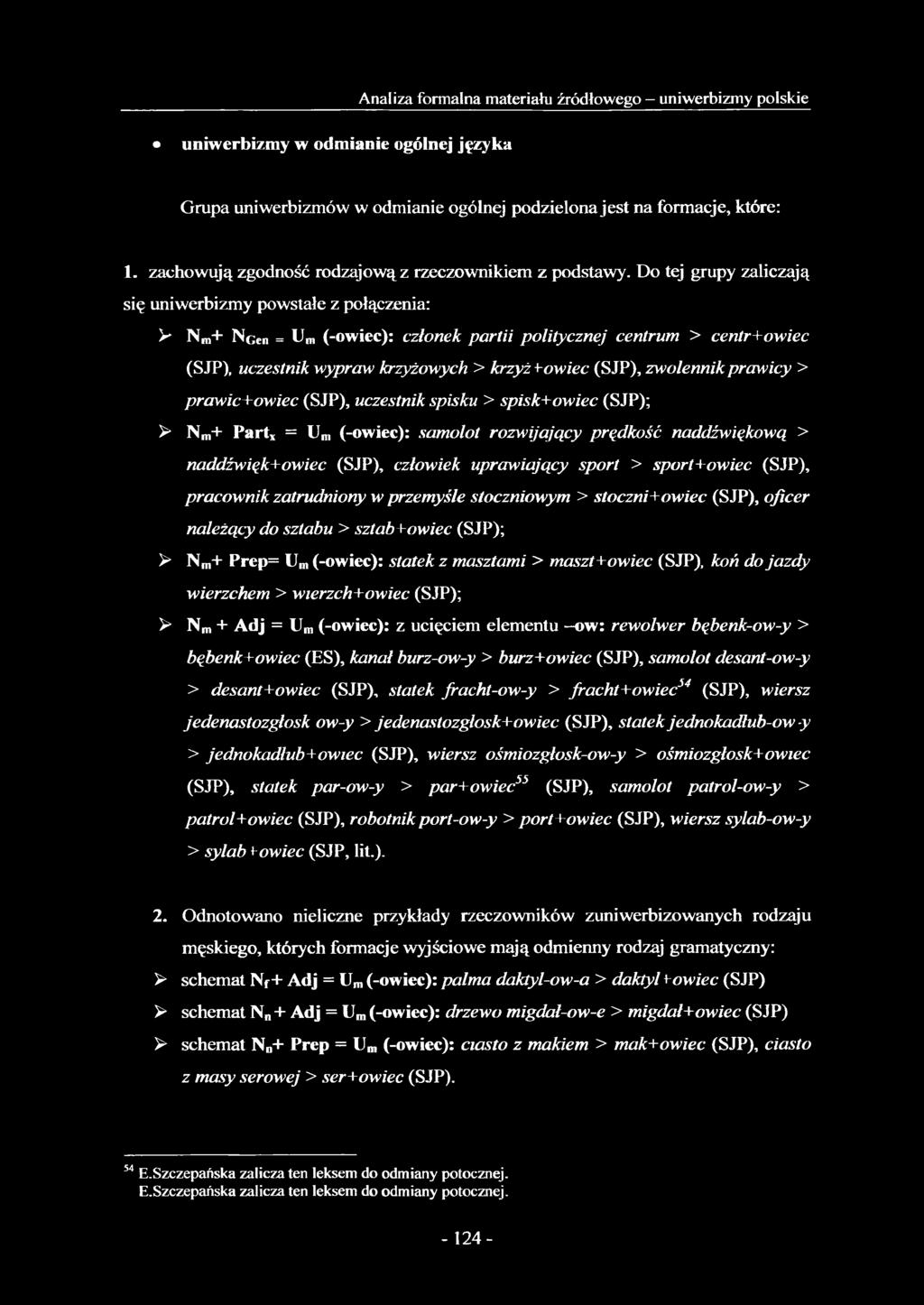 Do tej grupy zaliczają się uniwerbizmy powstałe z połączenia: V Nm+ Ncen = Um (-owiec): członek partii politycznej centrum > centr+owiec (SJP), uczestnik wypraw krzyżowych > krzyż łowiec (SJP),