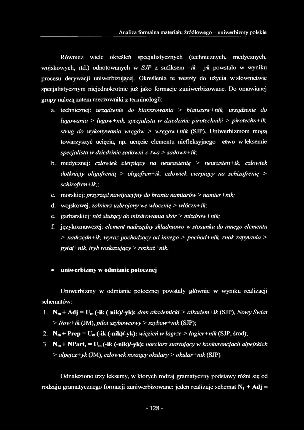 Określenia te weszły do użycia w słownictwie specjalistycznym niejednokrotnie już jako formacje zuniwerbizowane. Do omawianej grupy należą zatem rzeczowniki z terminologii: a.