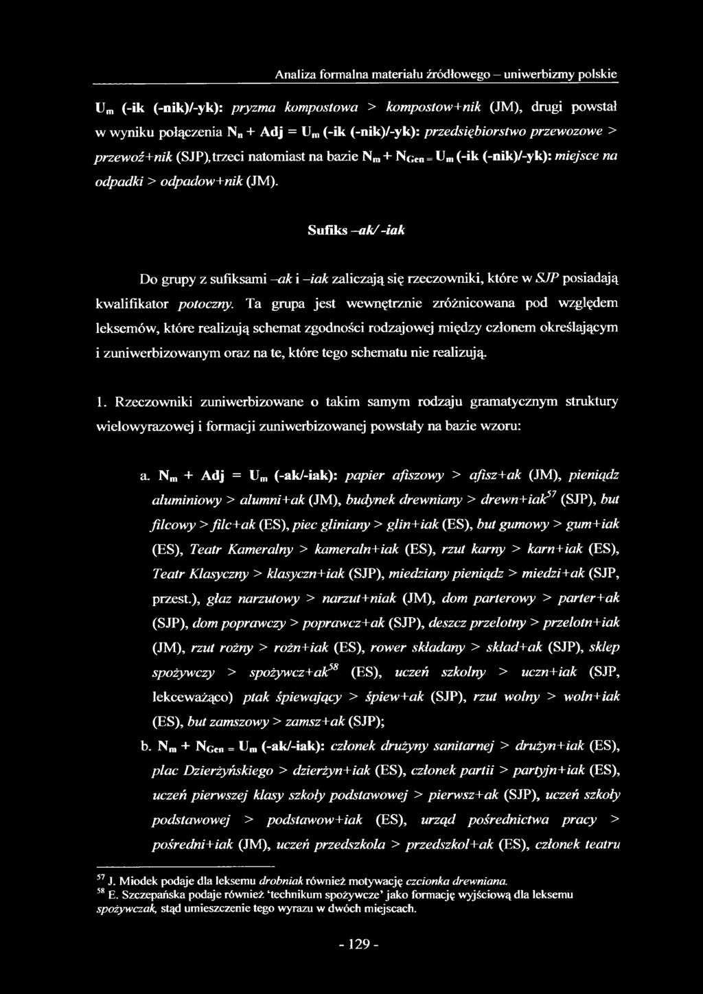 Sufiks ak/-iak Do grupy z sufiksami -a k i -ia k zaliczają się rzeczowniki, które w SJP posiadają kwalifikator potoczny.