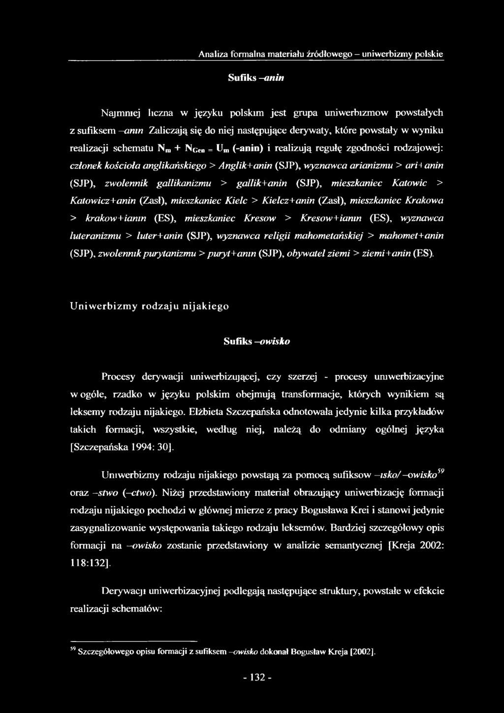 zwolennik gallikanizmu > gallik+anin (SJP), mieszkaniec Katowic > Katowicz+anin (Zasł), mieszkaniec Kielc > Kielcz+anin (Zasł), mieszkaniec Krakowa > krakow+ianin (ES), mieszkaniec Kresów >