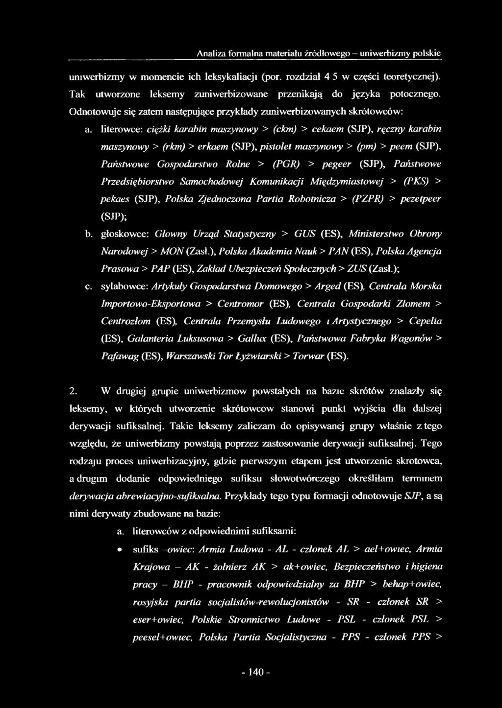 literowce: ciężki karabin maszynowy > (ckm) > cekaem (SJP), ręczny karabin maszynowy > (rkm) > erkaem (SJP), pistolet maszynowy > (pm) > peem (SJP), Państwowe Gospodarstwo Rolne > (PGR) > pegeer