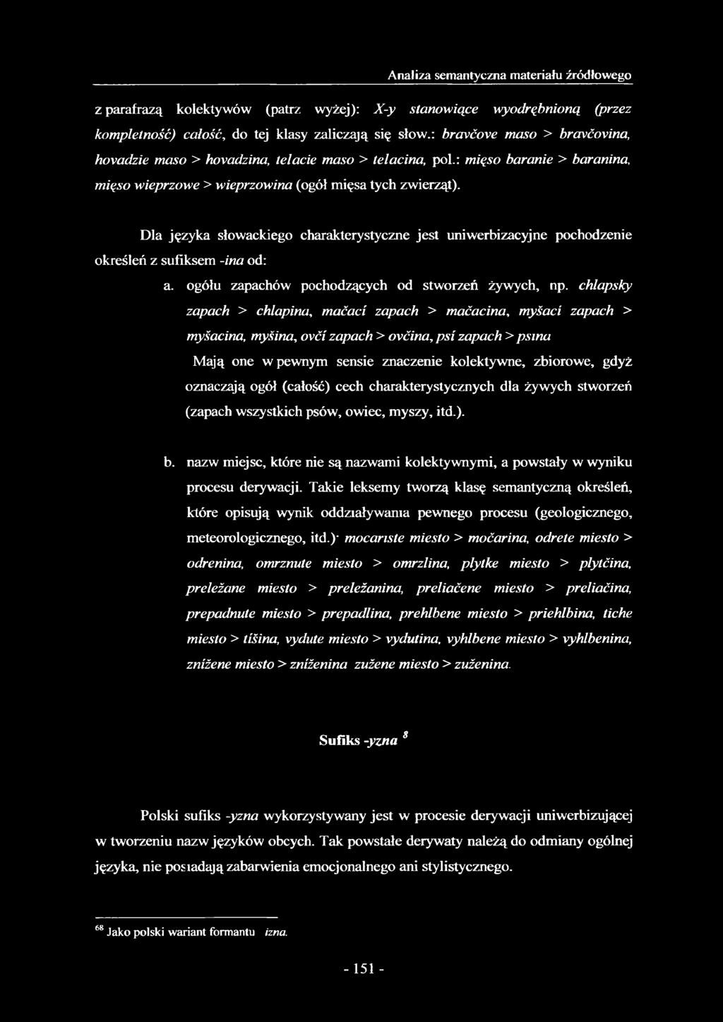 Dla języka słowackiego charakterystyczne jest uniwerbizacyjne pochodzenie określeń z sufiksem -ina od: a. ogółu zapachów pochodzących od stworzeń żywych, np.