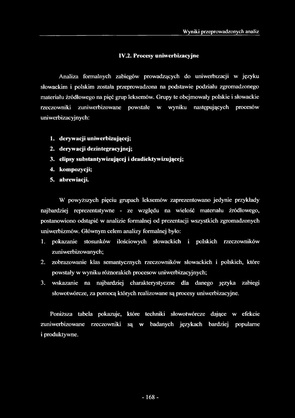 grup leksemów. Grupy te obejmowały polskie i słowackie rzeczowniki zuniwerbizowane powstałe w wyniku następujących procesów uniwerbizacyjnych: 1. derywacji uniwerbizującej; 2.