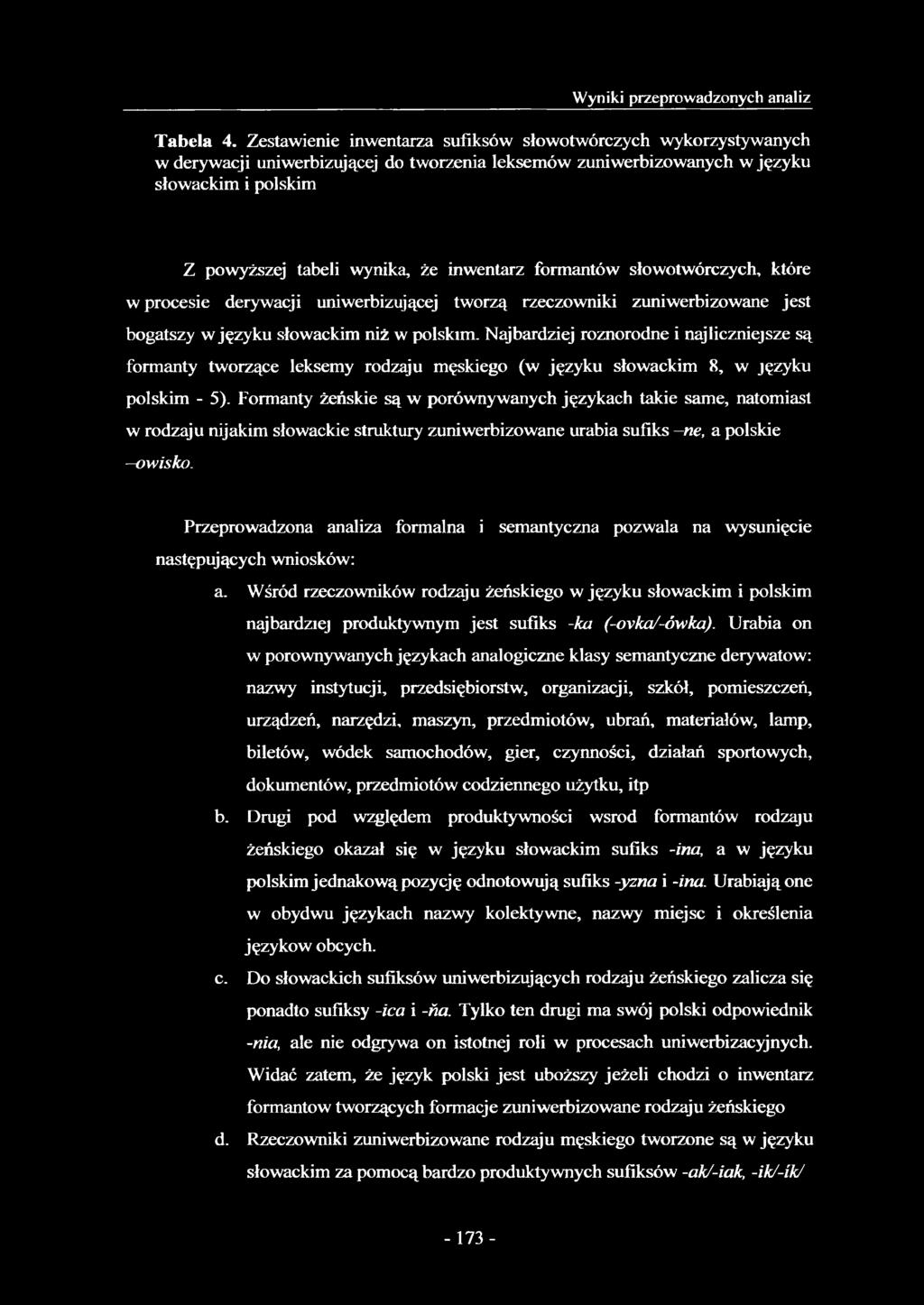 inwentarz formantów słowotwórczych, które w procesie derywacji uniwerbizującej tworzą rzeczowniki zuniwerbizowane jest bogatszy w języku słowackim niż w polskim.