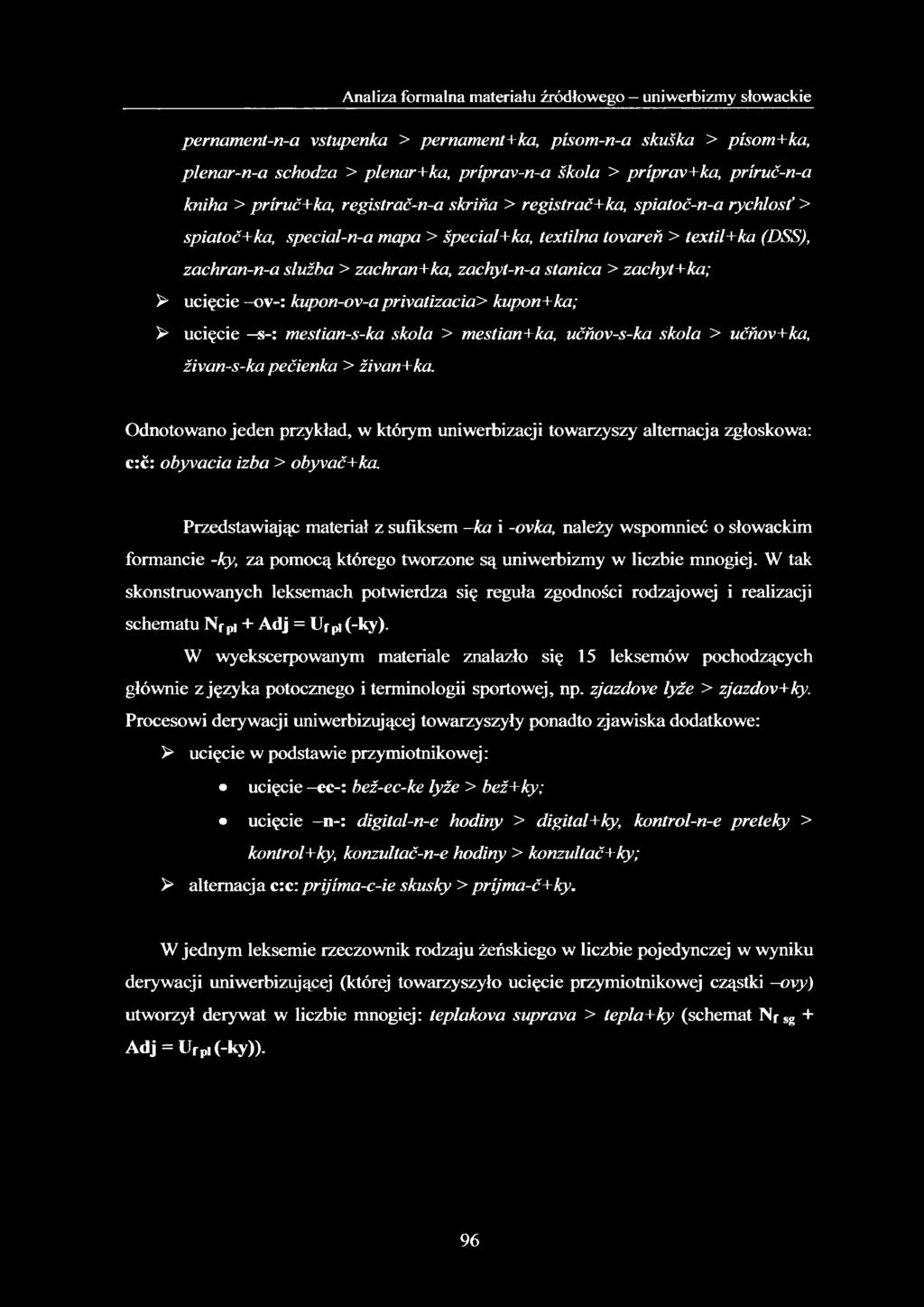 zachran+ka, zachyt-n-a stanica > zachyt+ka; > ucięcie -ov-: kupon-ov-a privatizacia> kupon+ka; P ucięcie s-: mestian-s-ka skola > mestian+ka, ućhov-s-ka skola > ućhov+ka, źivan-s~ka pećienka >