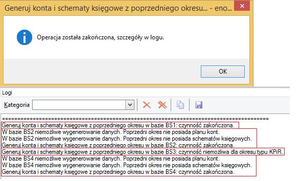 Generuj konta i schematy księgowe z poprzedniego okresu... W kategorii logu Import można podglądnąć szczegółowe dane dot.