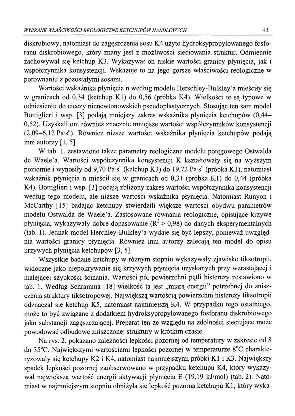 WYBRANE WŁAŚCIWOŚCI REOLOGICZNE KETCHUPÓW HANDLOWYCH 93 diskrobiowy, natomiast do zagęszczenia sosu K4 użyto hydroksypropylowanego fosforanu diskrobiowego, który znany jest z możliwości sieciowania