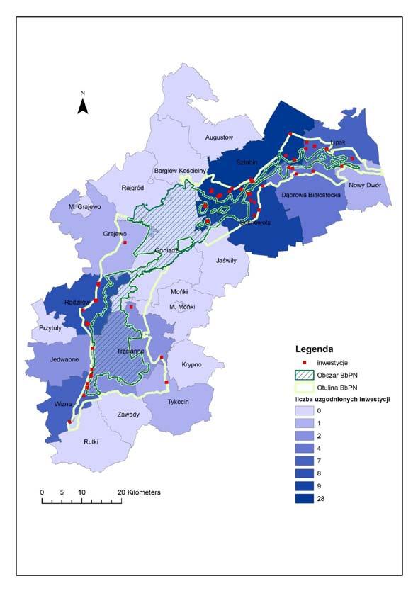 Ryc. 5. Lokalizacja inwestycji w 2017 r. W 2017 r. do Biebrzańskiego Parku Narodowego trafiło 12 dokumentów planistycznych.