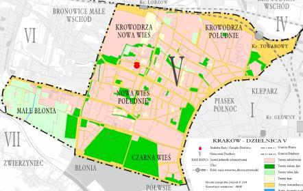 Usytuowanie Dzielnicy V na planie Krakowa: Plan Dzielnicy V: Nowa Wieś Narodowa obszar Krakowa wchodzący w skład Dzielnicy V Krowodrza.