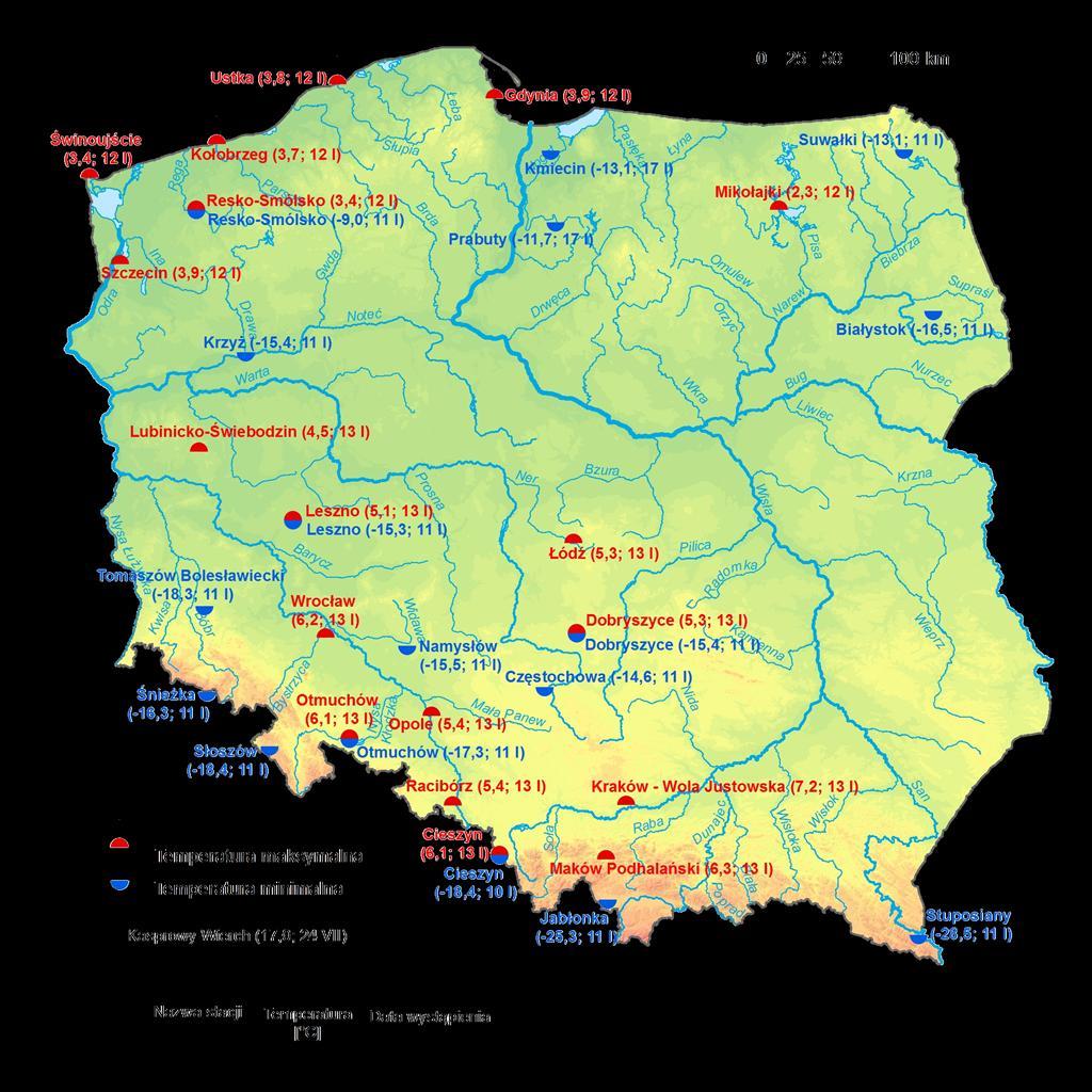 2. Temperatury ekstremalne w regionach Polski