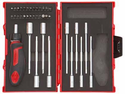 094 095 R49005037 ZESTAW NARZĘDZI, Z UCHWYTEM T Z GRZECHOTKĄ 1/4" 37-częściowy 6,3mm 1/4 PH PZ Uchwyt umożliwiający dwie pozycje pracy Uchwyt 2-komponentowy, przeniesienie siły nieobciążające ręki