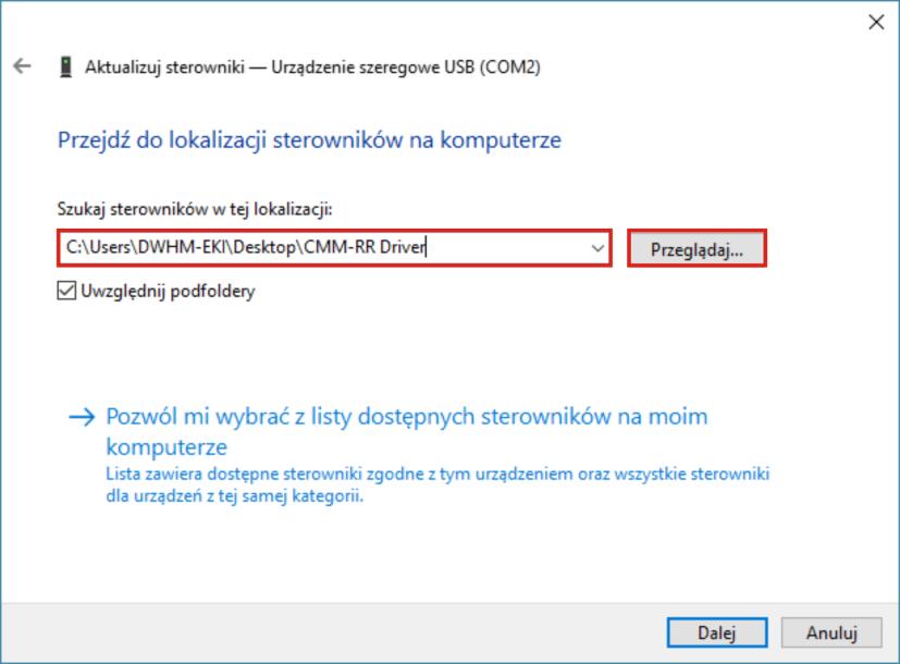 Wskaż lokalizację folderu CMM-RR Driver.