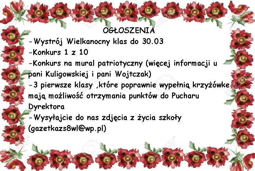 KRZYŻÓWKA 1. Imię kota pani Izy. 2. Marzec miesiącem 3. 8 marca 4.