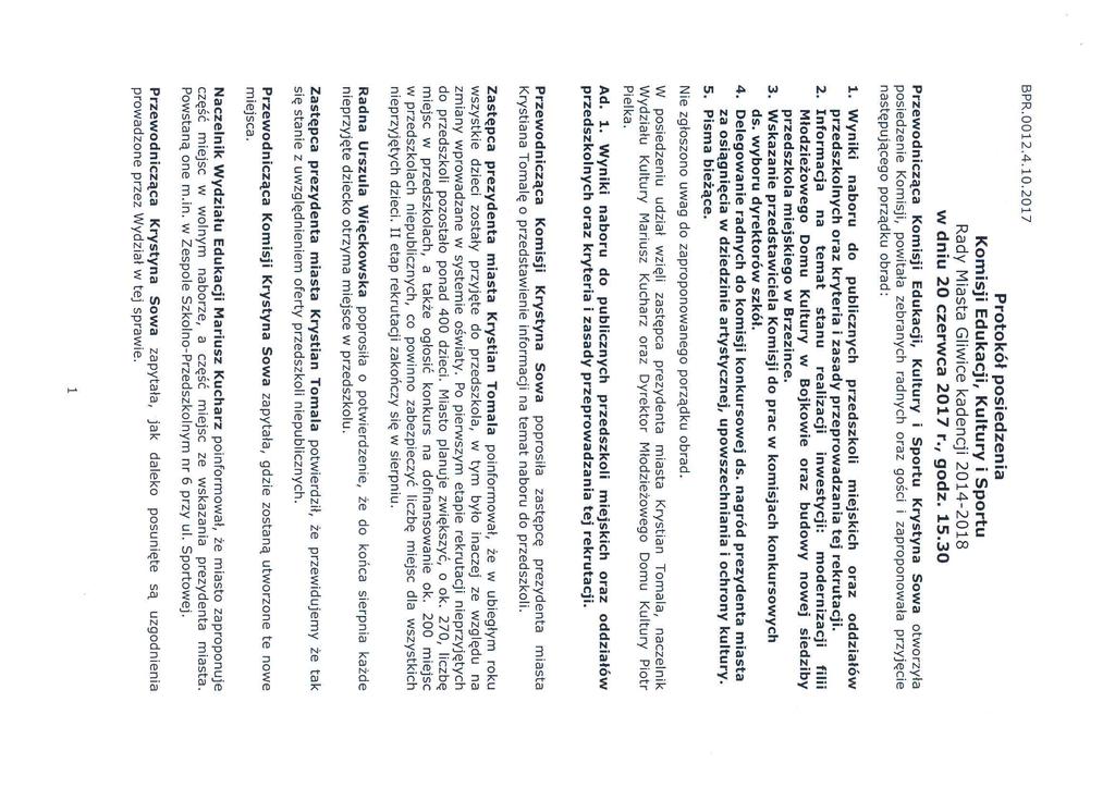 ESPR.ÜÜ12.4.1Ü.2017 Protokół posiedzenia Komisji Edukacji, Kultury i Sportu Rady Miasta Gliwice kadencji 2014-2018 w dniu 20 czerwca 2017 r., godz. 15.