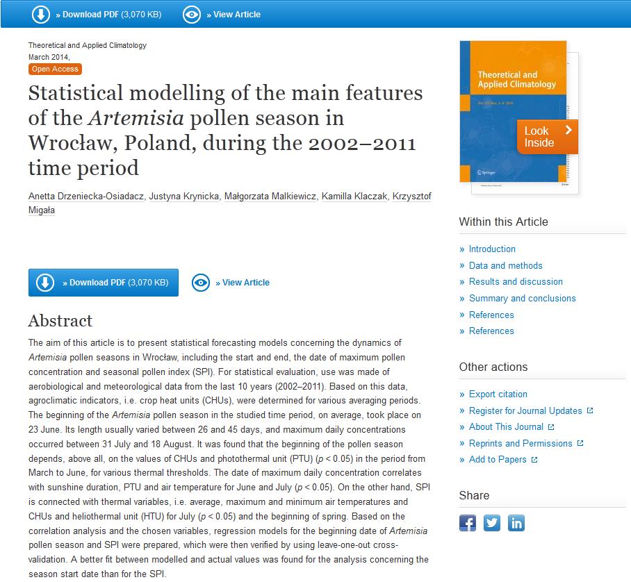 Zakład Klimatologii i Ochrony Atmosfery W czasopiśmie "Theoretical and Applied Climatology" ukazał się w wersji online first artykuł współautorstwa dr Anetty Drzenieckiej-Osiadacz, mgr Justyny