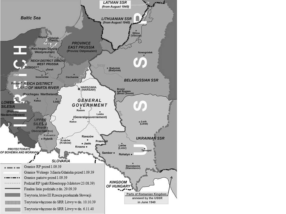 Mapa podziału Polski we wrześniu 1939 Mapa zaadaptowana z obrazu Wikimedia Commons autor: Lonio17, poprawki 25.01.