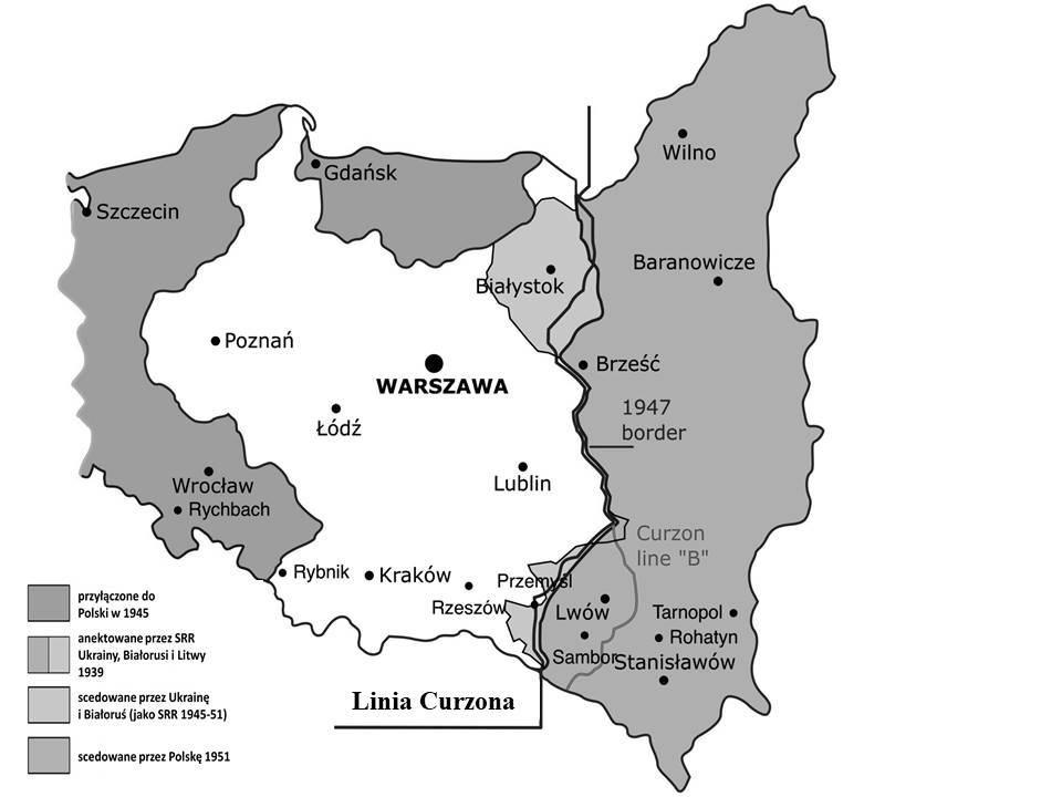 Mapa Polski tuż przed i tuż po wojnie Mapa zaadaptowana z obrazu Wikimedia Commons autor: radek.s, poprawki 17.11.