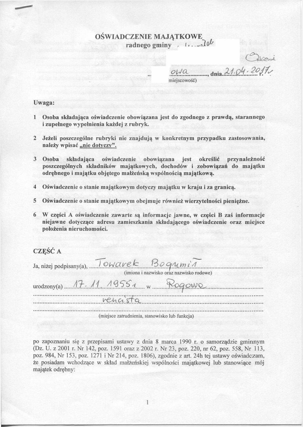 OŚWIADCZENIE MAJĄTKOWE radnego gminy - aj& w A, OUO.