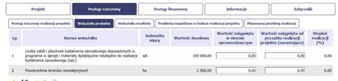 BLOK Postęp rzeczowy Wskaźniki produktu to materialne efekty realizowanego projektu (np. zakupiony sprzęt, itp.).