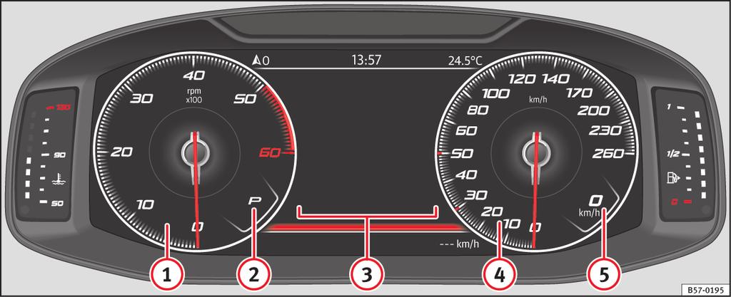 Przyrządy i lampki kontrolne Przyrządy i lampki kontrolne Cyfrowa tablica rozdzielcza (SEAT Digital Cockpit) Szczegóły wskaźników: 1 2 3 4 5 Obrotomierz (obroty na minutę przy pracującym silniku) 1)