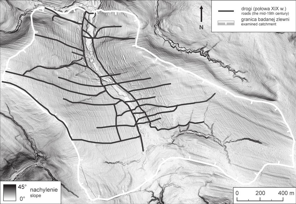 230 ROCZNIKI BIESZCZADZKIE 26 (2018) Ryc. 3. Sieć drogowa w połowie XIX w. (na podstawie Dorf Radocyna in Galizien... 1851). Fig. 3. Road network in the mid-19 th century (based on Dorf Radocyna in Galizien.
