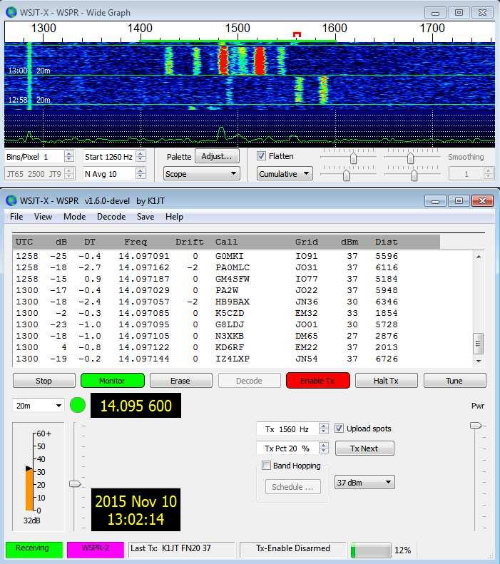 Emisja WSPR Do pracy emisją WSPR należy wybrać ją w menu emisji ( Mode ). Wygląd okna głównego programu ulega zmianie. Usuwane są wszystkie zbędne w tym przypadku elementy obsługi.