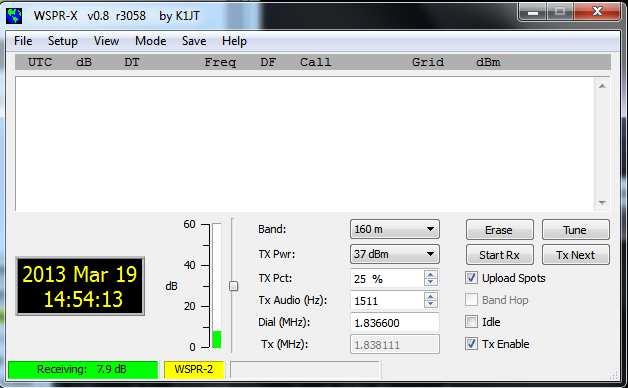 Rys. 3.2. Okno główne WSPR-X Klawisz funkcyjny F2 powoduje otwarcie okna konfiguracji rys. 3.3 (odpowiada to menu Setup Options ( Konfiguracja Ustawienia ).