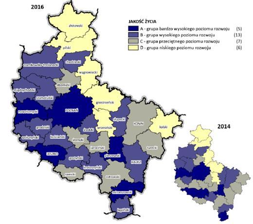 JAKOŚĆ ŻYCIA Przeciętna powierzchnia użytkowa mieszkania na 1 osobę [S] Przychodnie na 10 000 ludności [S] Ludność na ogólnodostępną aptekę [D] Odsetek dzieci objętych opieką w żłobkach [S] Dzieci w