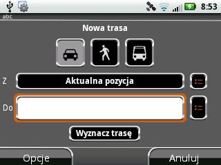 W głównym menu aplikacji NaviExpert wybierz przycisk Nawiguj, a następnie Zaplanuj trasę i Nowa trasa. Pojawi się ekran tworzenia trasy [patrz ryc. 6].