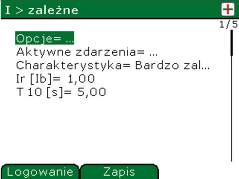 3.3.1. Podgląd parametrów Przykładowy wygląd okna zabezpieczenia I > zależne (1). Parametry, w zależności od typu, edytowane są tak jak w przykładach podanych poniżej.