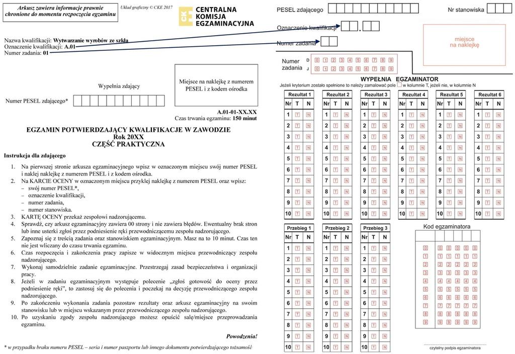 5. Pierwsza strona arkusza do części praktycznej egzaminu i karta oceny z