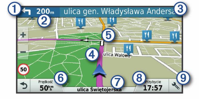 Nawigacja do celu Trasy Trasa to ścieżka prowadząca z bieżącej pozycji do co najmniej jednego celu podróży. Urządzenie oblicza zalecaną trasę do wyznaczonego celu w oparciu o wybrane preferencje, np.
