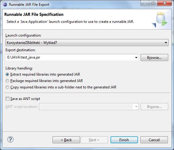 Tworzenie wykonywalnego pliku JAR W Eclipse możliwe jest szybkie utworzenie uruchamialnego pliku JAR, zawierającego w razie konieczności wszystkie używane biblioteki: Export