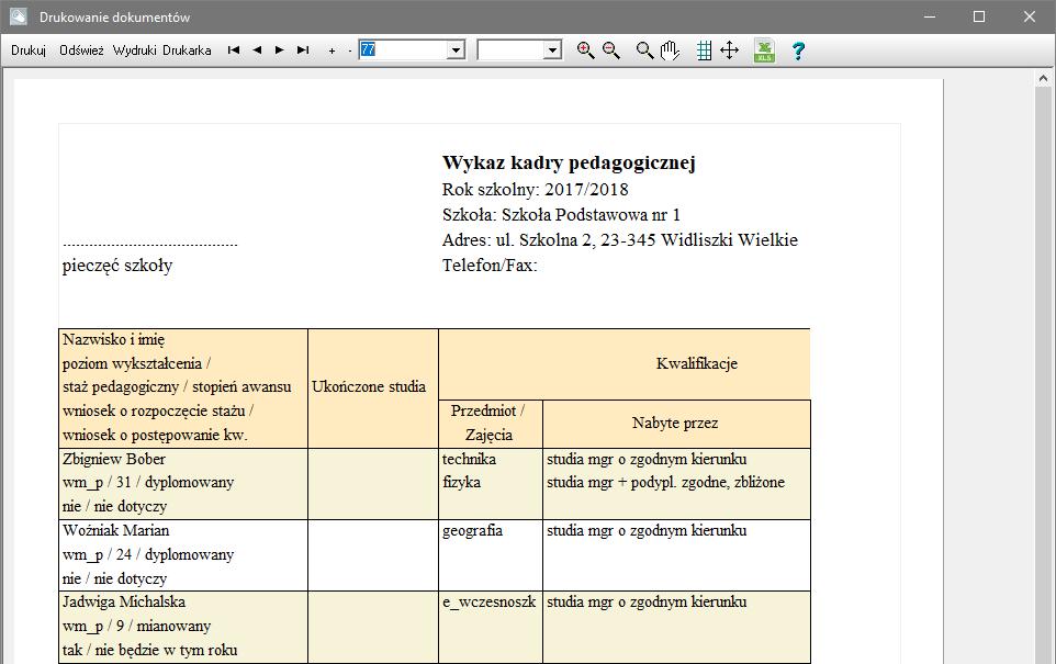 dokumenty? 6/7 5. Kliknij przycisk Pokaż i obejrzyj wydruk. 6. Aby skierować wydruk na drukarkę, kliknij przycisk Drukuj na pasku narzędzi. Drukowanie raportu wymaganego przez GIODO 2.