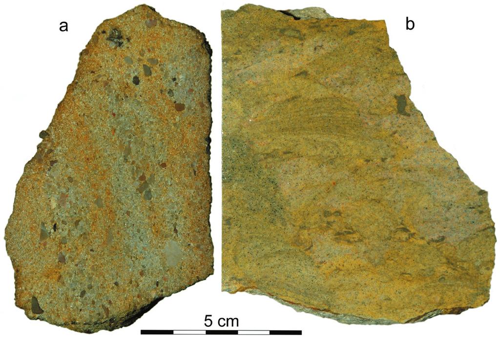 328), b glaukonitowy arenit lityczny (dolny piaskowiec ciosowy, stanowisko 2.