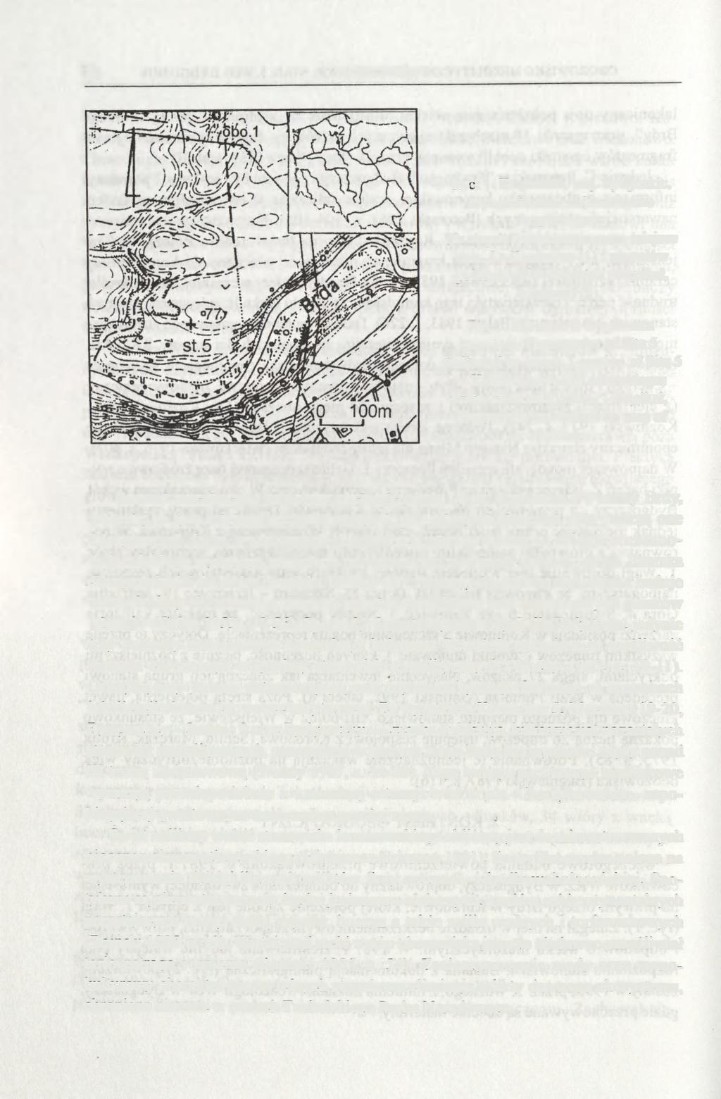 24 JACEK WOŹNY Ryc. 1. Koronowo, woj. bydgoskie, topografia stan. 5 (oznaczono krzyżykiem). Na mapce Polski zaznaczono miejsce stan.