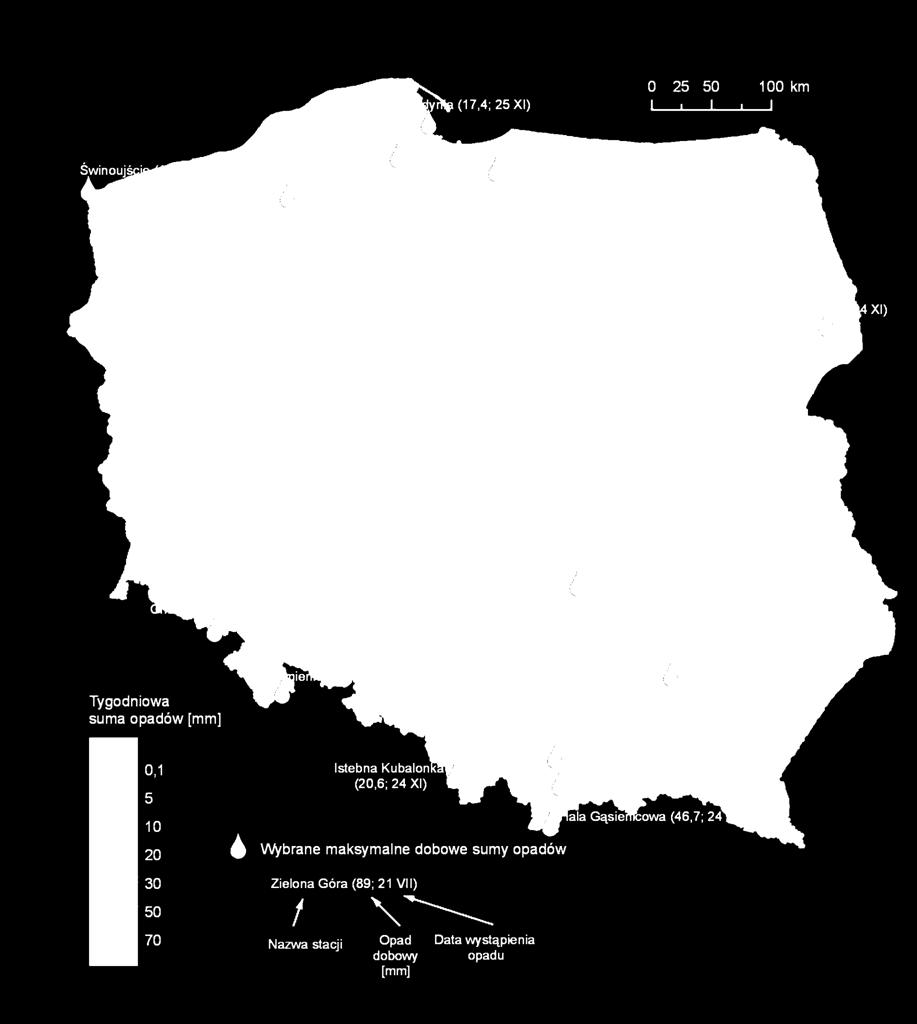 3. Rozkład tygodniowej sumy opadów oraz wybrane