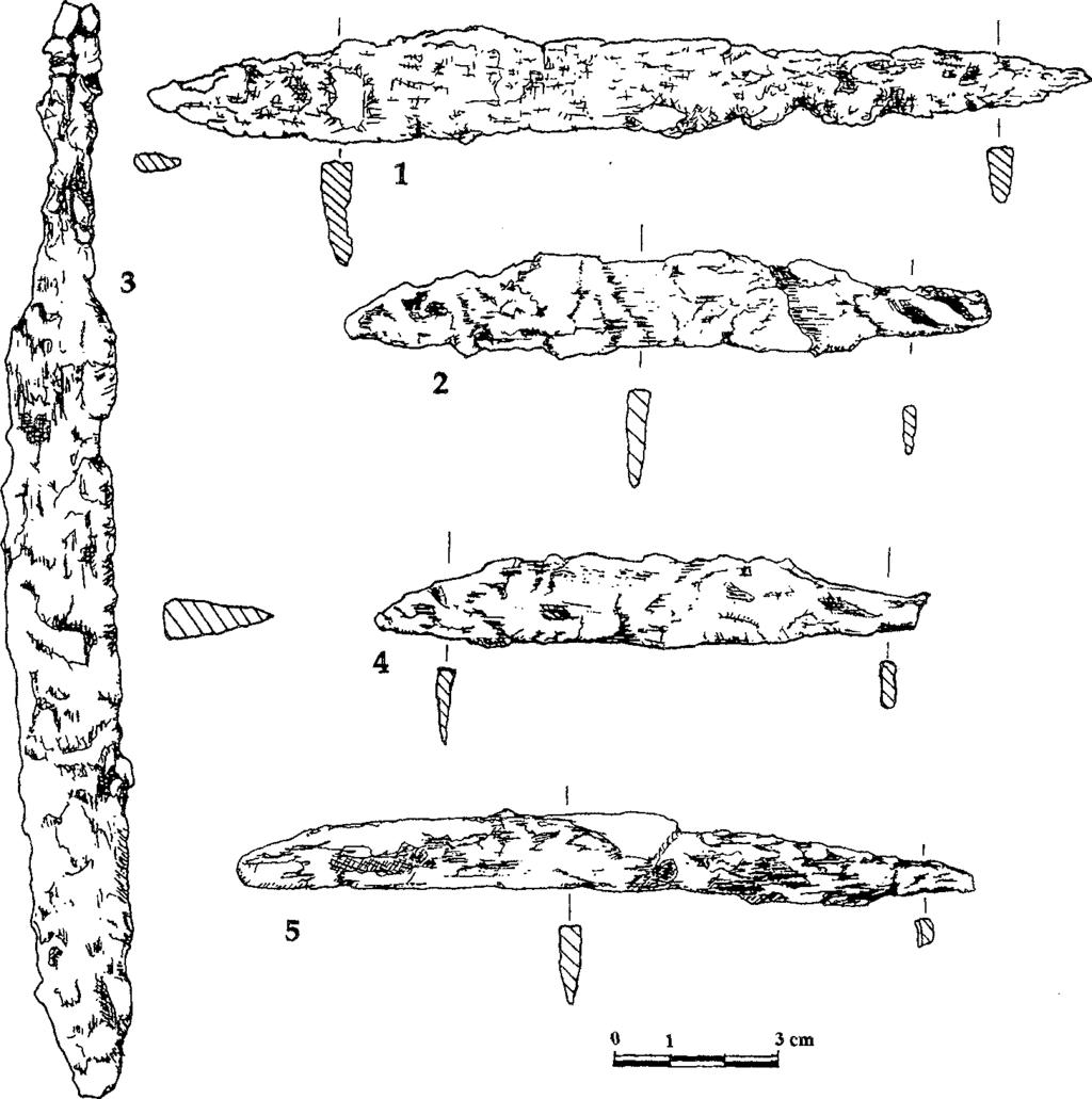 NOŻE ŻELAZNE W GROBACH NA WCZESNOŚREDNIOWIECZNYM CMENTARZYSKU W DZIEKANOWICACH 1 0 5 Ryc. 8. Noże z grobów mężczyzn typ II c: 1 18/96 i typ lid: 2 70/97; 3 4/97; 4 39/96; 5 79/97.