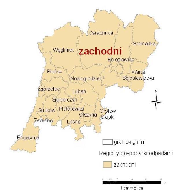 Region zachodni Źródło: WPGO dla Województwa Dolnośląskiego 2012 Ryc. 4-1 Region Zachodni Gospodarki Odpadami Prognozuje się, że w 2012 r. wytworzonych zostanie ok. 41,6 tys.