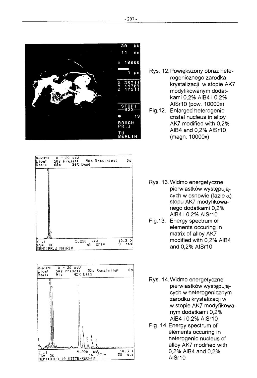 -207 - Rys. 12. Powiększony obraz heterogenicznego zarodka krystalizacji w stopie AK? modyfikowanym dodatkami 0,2% AIB4 i 0,2% AISr1 O (pow. 1 OOOOx) Fig.12. Enlarged heterogenie cristal nucleus in alloy AK?