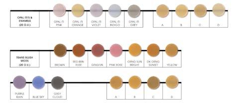 SKŁAD SYSTEMU BRZEGI SIECZNE 8 Brzegów siecznych (clear, light, neutral, white, blue, grey, dark grey i ivory). O.U. od 10 do 50; 20 i 50 gramowe opakowania.