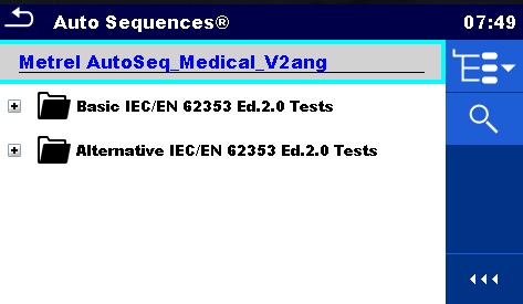 Testy automatyczne AUTO SEQUENCE Przyrząd Metrel MI 3360 OmegaPAT XA umożliwia użytkownikowi wybór testu spośród zdefiniowanych testów AUTO SEQUENCE.