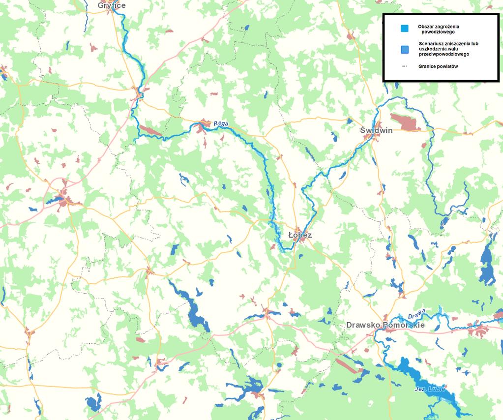 Zagrożenie powodziowe Zgodnie z danymi Informatycznego Systemu Ochrony Kraju, na terenie Powiatu Łobeskiego znajdują się tereny zagrożone zjawiskiem powodzi. Związane są głównie z doliną rzeki Regi.