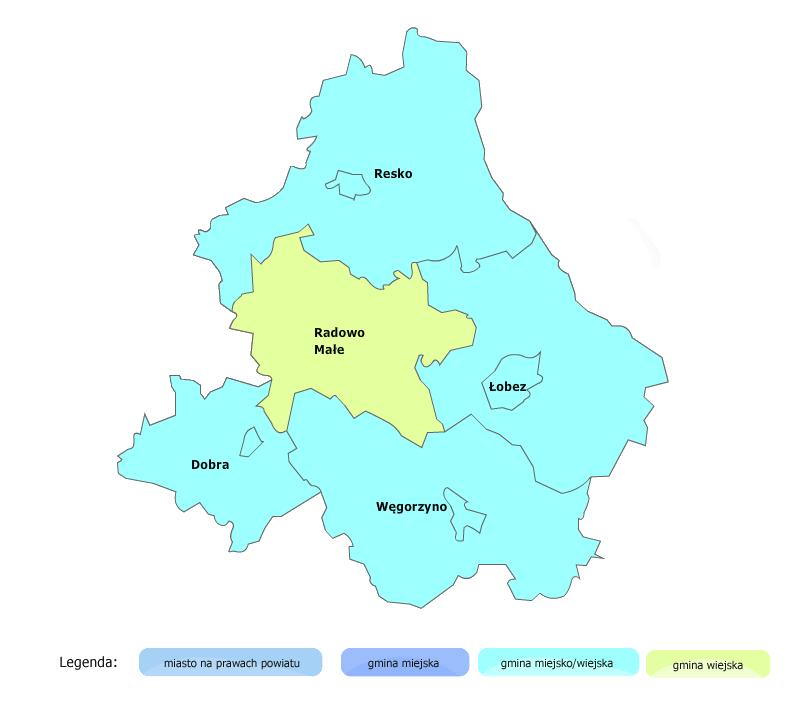 Gmina Resko: Gmina Resko jest gminą miejsko-wiejską o powierzchni 28 520 ha, zlokalizowaną w północnej części powiatu. Zajmuje 26,78% jego powierzchni.