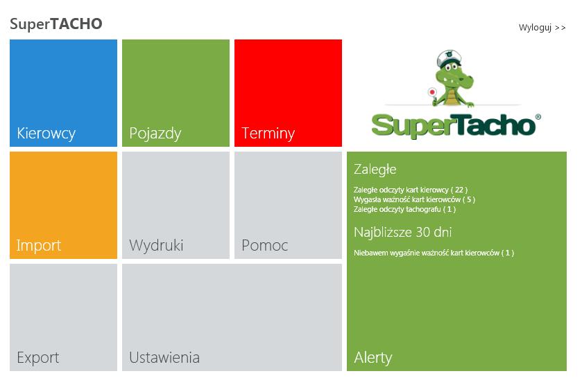 KIEROWCY - sekcja główna analiz i rozliczania kierowców POJAZDY - sekcja dotycząca podglądu i edycji danych pojazdów TERMINY - lista zadań do wykonania, terminarz, przypominacz ALERTY - blok