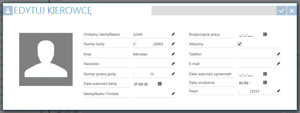 Zaznaczając wybranego kierowcę możemy edytować jego dane, poprawić parametry dat ważności dokumentów lub wpisać unikalny